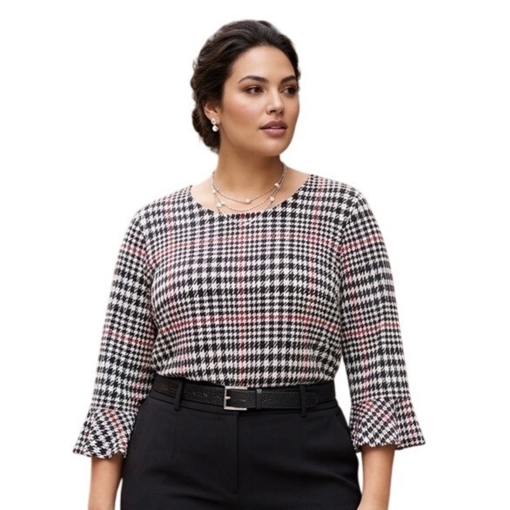 Karl Lagerfeld Womens 1X Houndstooth Plaid Ruffle Sleeve Blouse Top Red Black